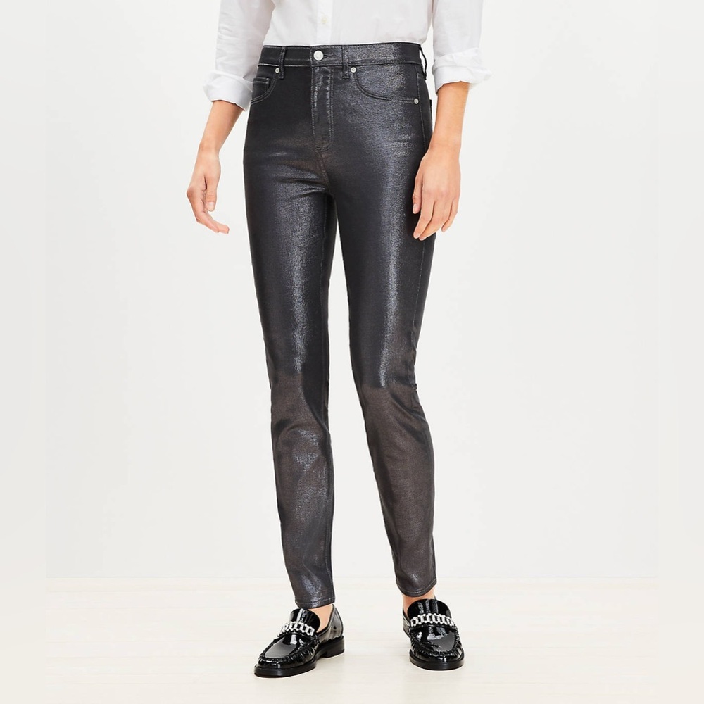New! Loft Coated High Rise Skinny Jeans in Pewter Metallic size 8
